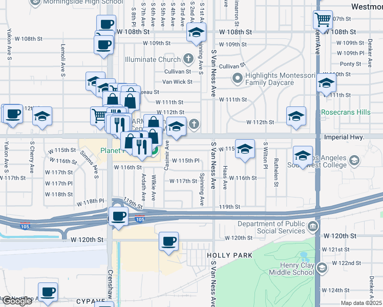 map of restaurants, bars, coffee shops, grocery stores, and more near 2403 West 115th Street in Hawthorne