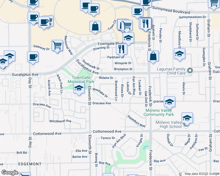 map of restaurants, bars, coffee shops, grocery stores, and more near 22671 Laguna Drive in Moreno Valley
