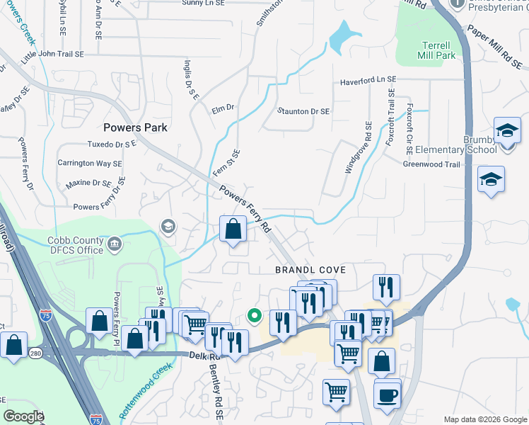 map of restaurants, bars, coffee shops, grocery stores, and more near 2928 Chipmunk Trail Southeast in Marietta