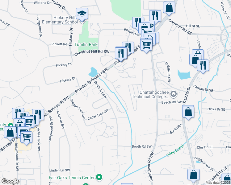 map of restaurants, bars, coffee shops, grocery stores, and more near 1052 Brownstone Drive Southwest in Marietta
