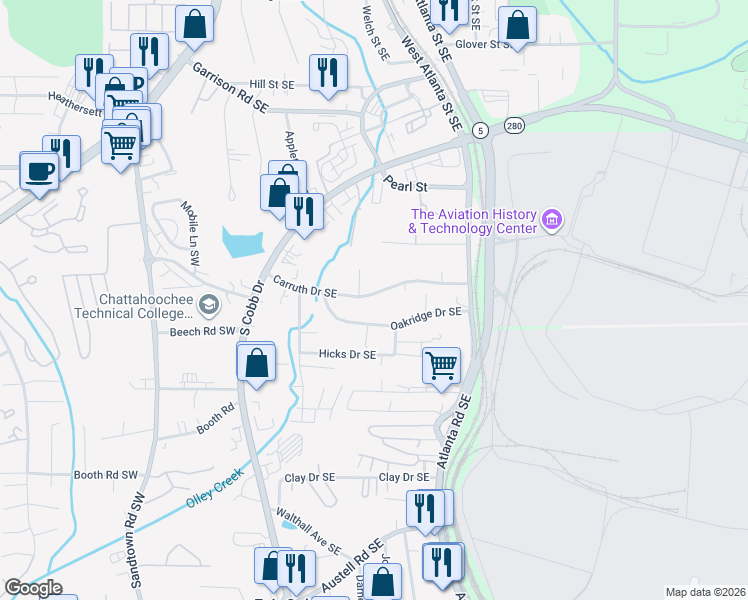 map of restaurants, bars, coffee shops, grocery stores, and more near 254 Carruth Drive Southeast in Marietta