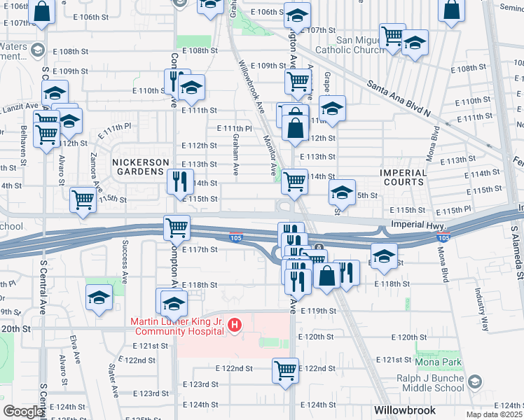 map of restaurants, bars, coffee shops, grocery stores, and more near 1783 East Imperial Highway in Los Angeles