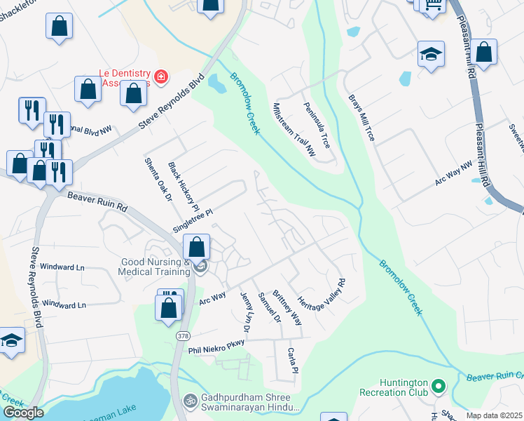map of restaurants, bars, coffee shops, grocery stores, and more near 4063 Northridge Way in Norcross