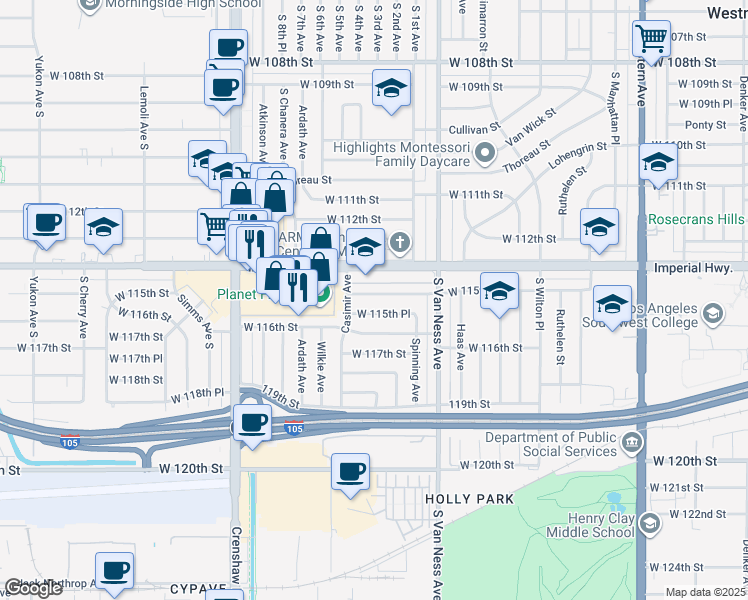 map of restaurants, bars, coffee shops, grocery stores, and more near 2424 West 115th Street in Hawthorne