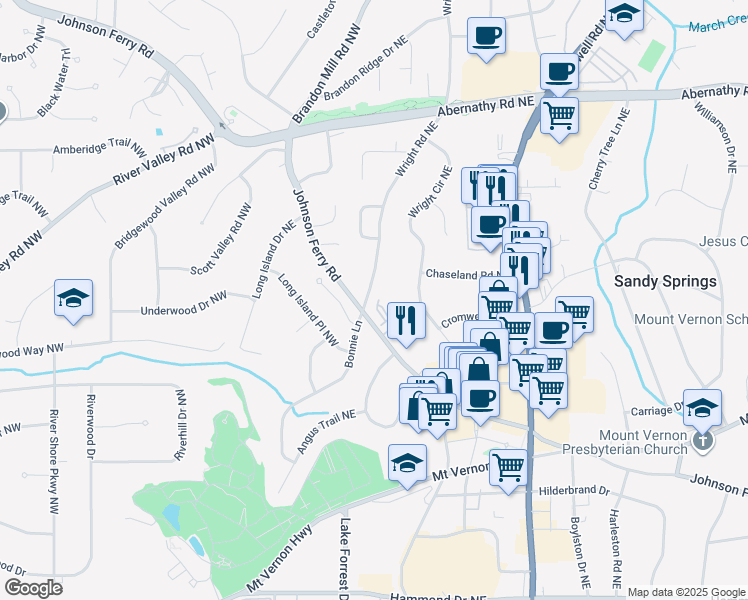 map of restaurants, bars, coffee shops, grocery stores, and more near 6411 Wright Road Northeast in Atlanta