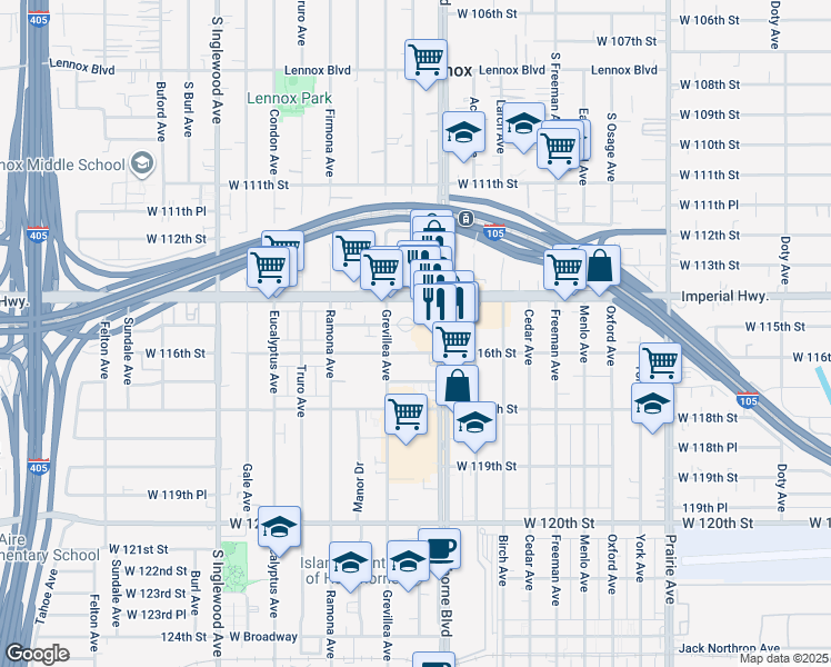 map of restaurants, bars, coffee shops, grocery stores, and more near 4444 West 115th Street in Hawthorne