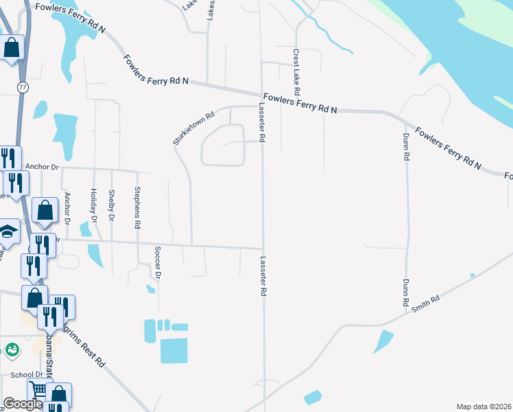 map of restaurants, bars, coffee shops, grocery stores, and more near 1610 Lasseter Road in Southside