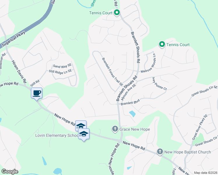 map of restaurants, bars, coffee shops, grocery stores, and more near 1615 Bramlett Forest Trail Southeast in Lawrenceville