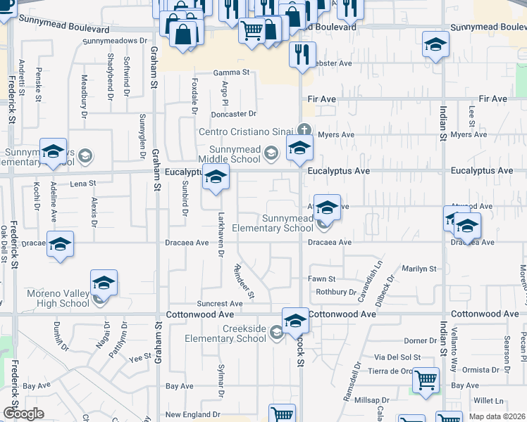 map of restaurants, bars, coffee shops, grocery stores, and more near 23850 Cushenbury Drive in Moreno Valley