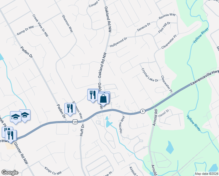 map of restaurants, bars, coffee shops, grocery stores, and more near 2274 Oakland Downs Way in Lawrenceville