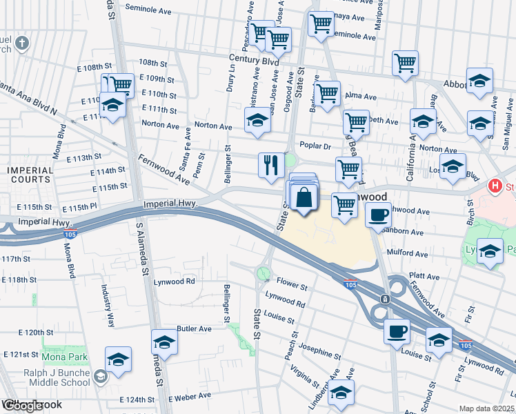 map of restaurants, bars, coffee shops, grocery stores, and more near 2975 Beechwood Avenue in Lynwood