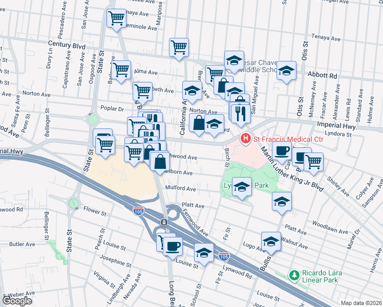 map of restaurants, bars, coffee shops, grocery stores, and more near 3523 Beechwood Avenue in Lynwood