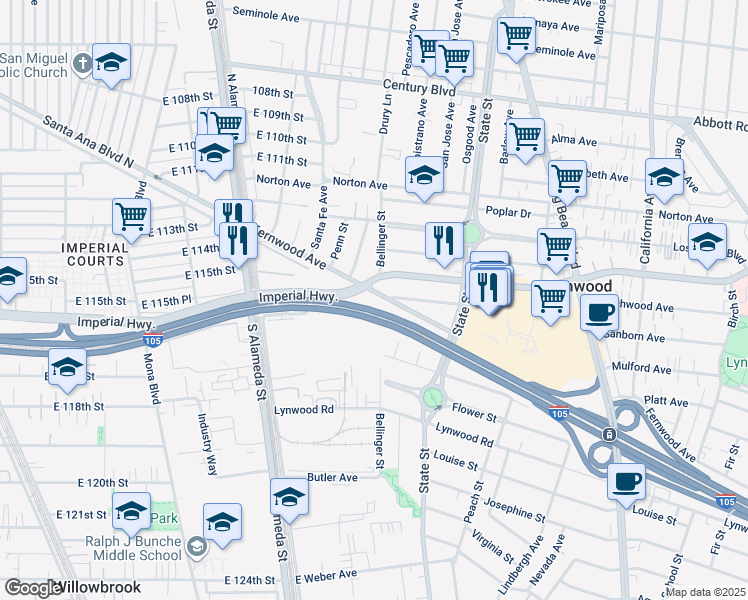 map of restaurants, bars, coffee shops, grocery stores, and more near 2810 East Imperial Highway in Lynwood