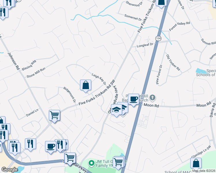 map of restaurants, bars, coffee shops, grocery stores, and more near 500 Leigh Kay Drive in Lawrenceville