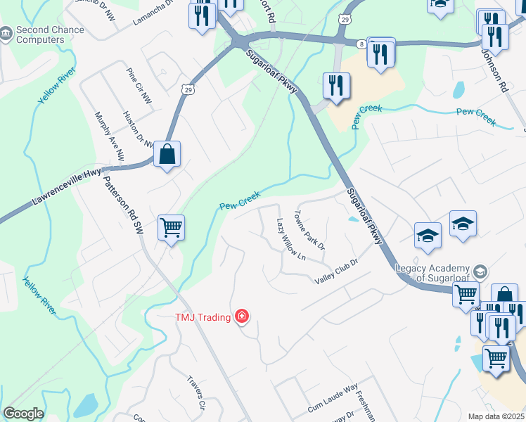 map of restaurants, bars, coffee shops, grocery stores, and more near 275 Lazy Willow Lane in Lawrenceville