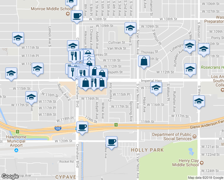 map of restaurants, bars, coffee shops, grocery stores, and more near 2524 West 115th Street in Hawthorne