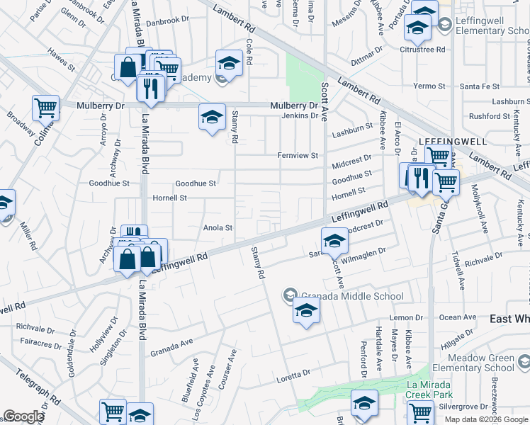 map of restaurants, bars, coffee shops, grocery stores, and more near 11237 Gladhill Road in Whittier