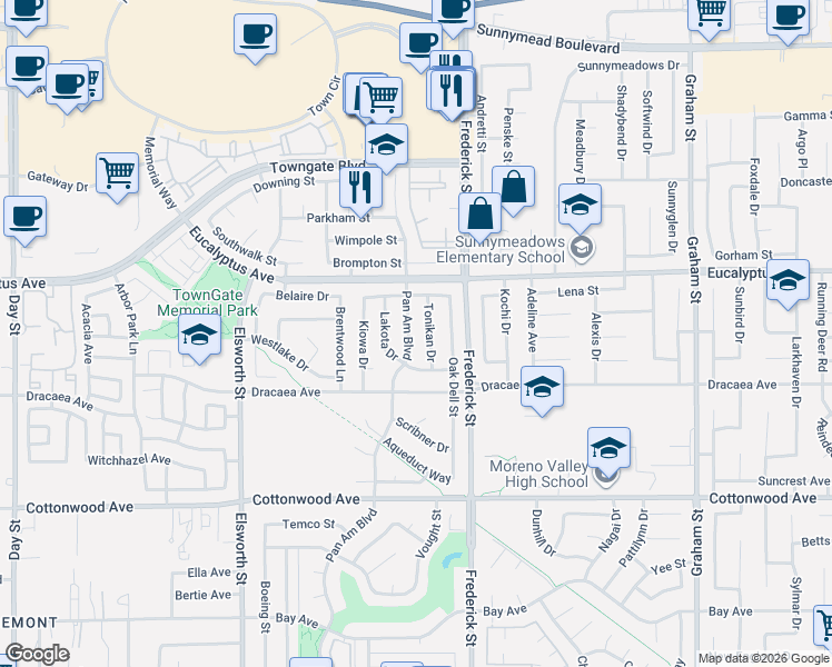 map of restaurants, bars, coffee shops, grocery stores, and more near 13097 Pan Am Boulevard in Moreno Valley