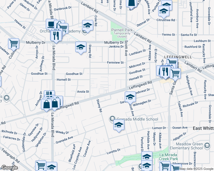 map of restaurants, bars, coffee shops, grocery stores, and more near 11237 Gladhill Road in Whittier