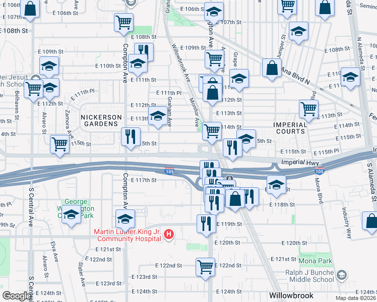 map of restaurants, bars, coffee shops, grocery stores, and more near 1783 East Imperial Highway in Los Angeles