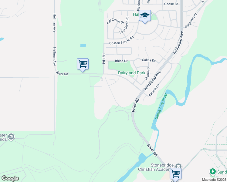map of restaurants, bars, coffee shops, grocery stores, and more near 14549 Badger Lane in Eastvale