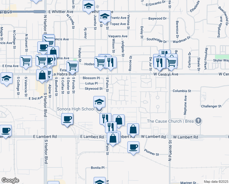 map of restaurants, bars, coffee shops, grocery stores, and more near 610 Archwood Avenue in Brea