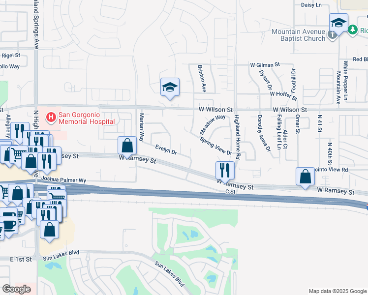 map of restaurants, bars, coffee shops, grocery stores, and more near 178 Clair Court in Banning
