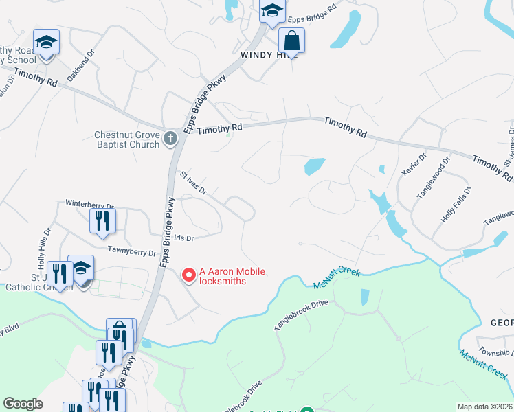 map of restaurants, bars, coffee shops, grocery stores, and more near 645 Saint Ives Drive in Athens