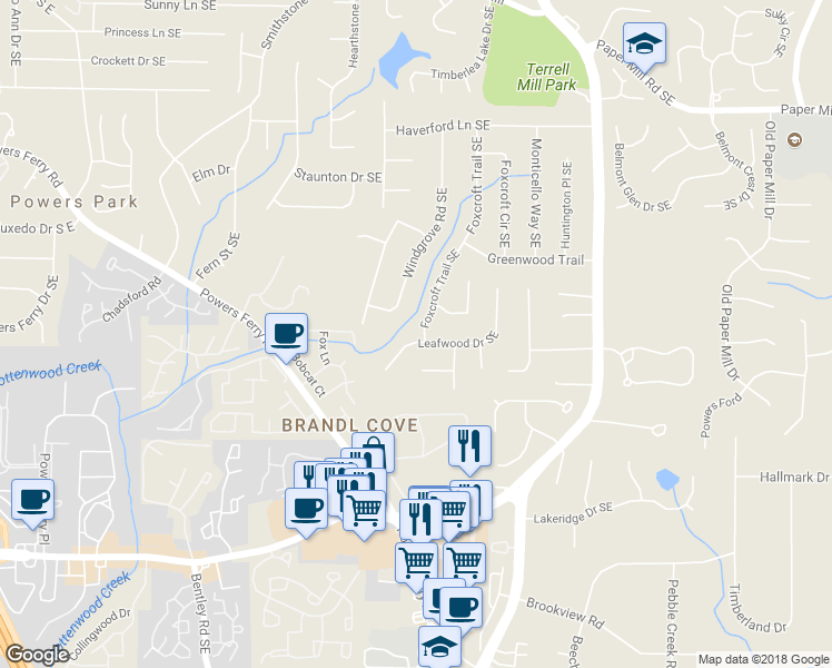 map of restaurants, bars, coffee shops, grocery stores, and more near 2935 Leafwood Drive Southeast in Marietta