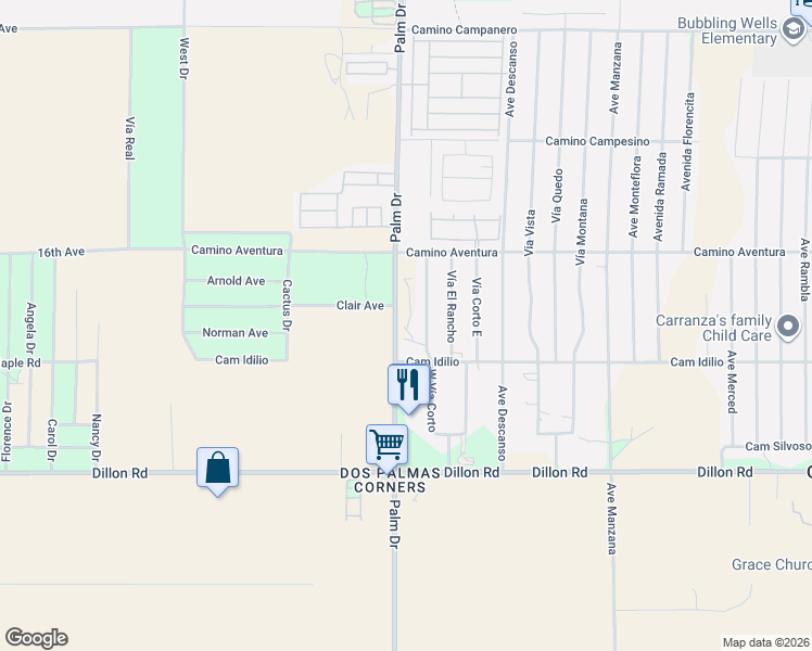 map of restaurants, bars, coffee shops, grocery stores, and more near 16260 Palm Drive in Desert Hot Springs