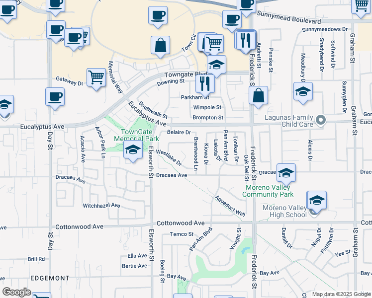 map of restaurants, bars, coffee shops, grocery stores, and more near 22671 Laguna Drive in Moreno Valley