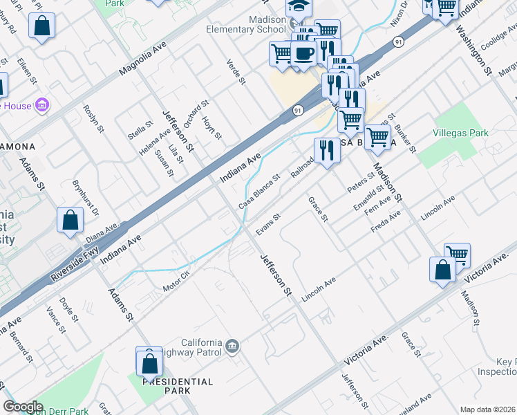 map of restaurants, bars, coffee shops, grocery stores, and more near 7862 Ricca Street in Riverside
