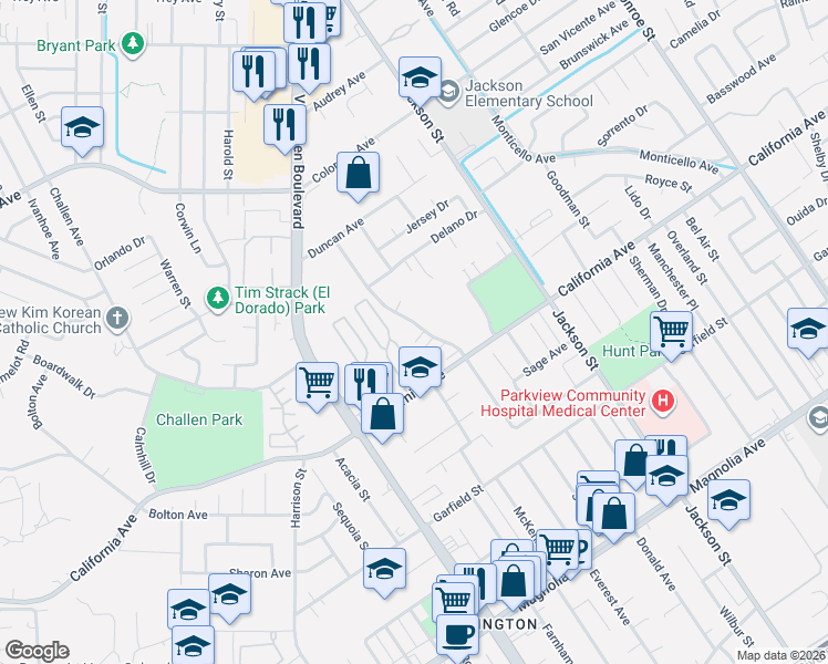 map of restaurants, bars, coffee shops, grocery stores, and more near 4334 Kingsbury Place in Riverside