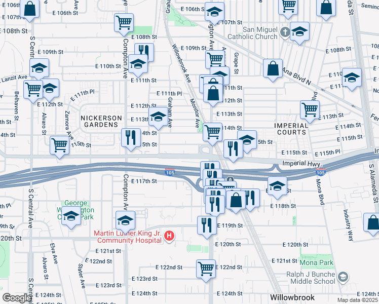 map of restaurants, bars, coffee shops, grocery stores, and more near 1810 East 115th Street in Los Angeles