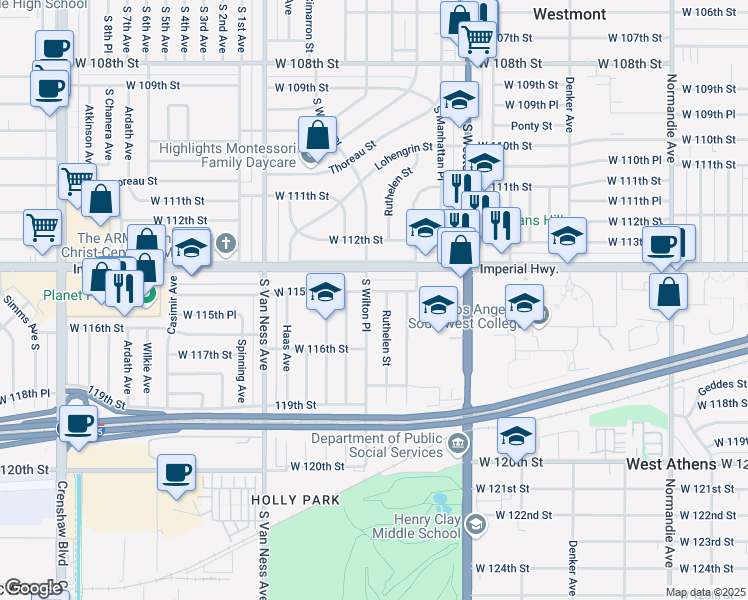 map of restaurants, bars, coffee shops, grocery stores, and more near 11502 Ruthelen Street in Los Angeles