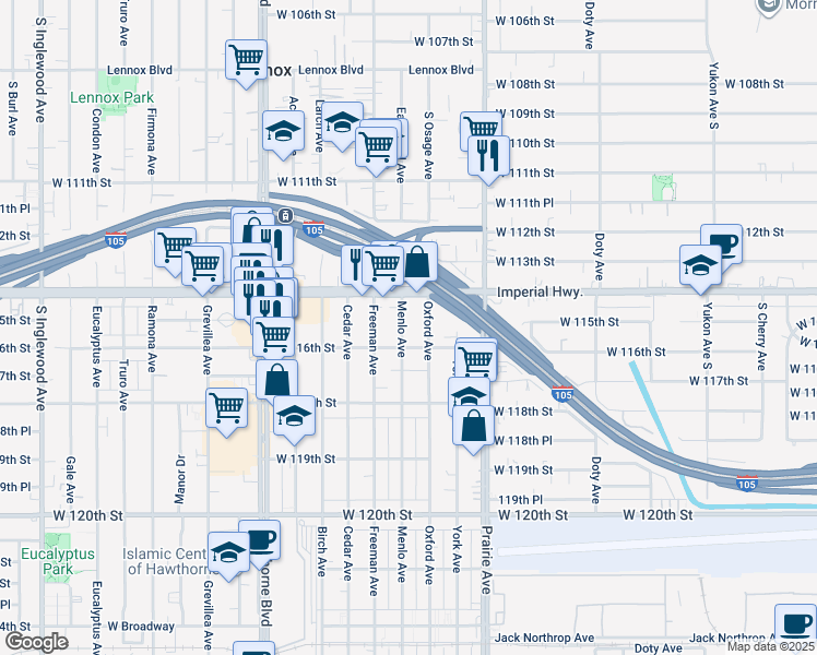 map of restaurants, bars, coffee shops, grocery stores, and more near 11446 Menlo Avenue in Hawthorne