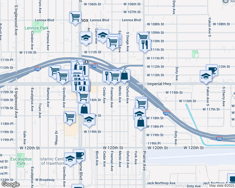 map of restaurants, bars, coffee shops, grocery stores, and more near 11446 Menlo Avenue in Hawthorne