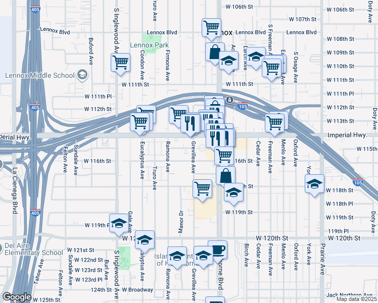map of restaurants, bars, coffee shops, grocery stores, and more near 4478 West 115th Street in Hawthorne