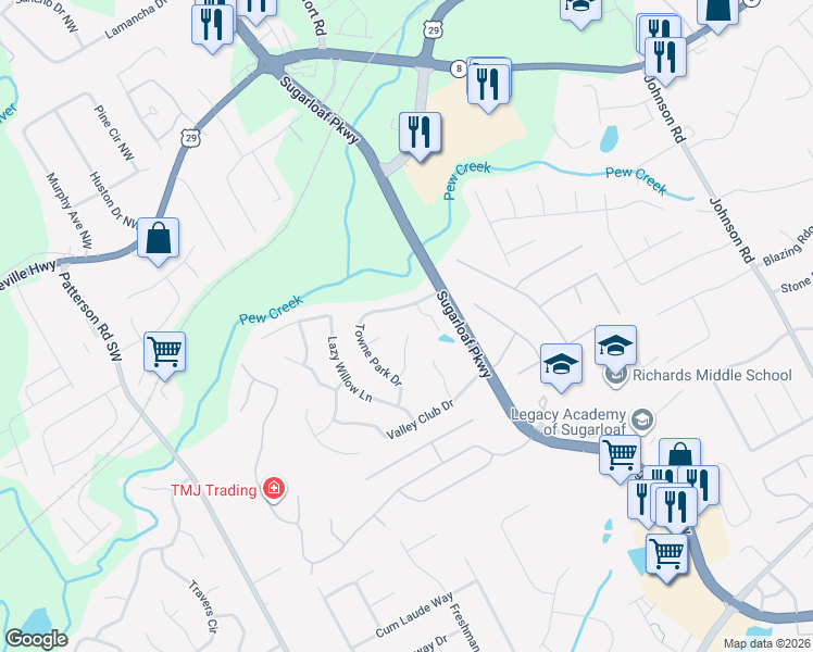 map of restaurants, bars, coffee shops, grocery stores, and more near 1501 Towne Park Court in Lawrenceville