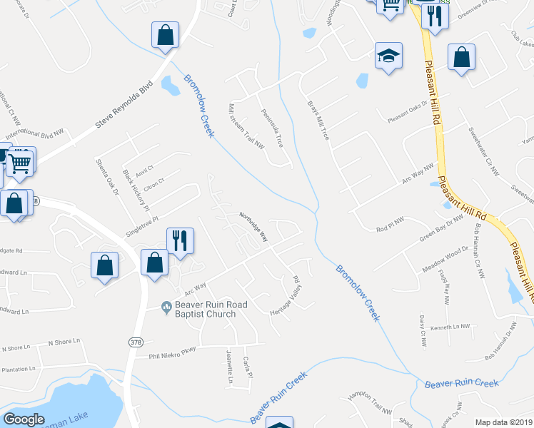 map of restaurants, bars, coffee shops, grocery stores, and more near 1385 Strasbourg Court Northwest in Norcross