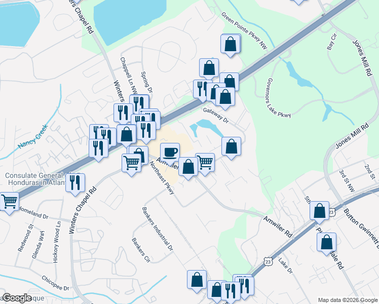 map of restaurants, bars, coffee shops, grocery stores, and more near 2960 Lake Colony Drive Northwest in Norcross
