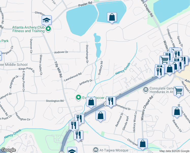 map of restaurants, bars, coffee shops, grocery stores, and more near 4546 Sudbury Road in Doraville