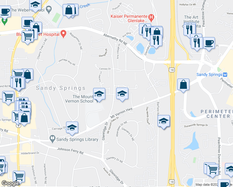 map of restaurants, bars, coffee shops, grocery stores, and more near 6381 Radiant Trace in Sandy Springs