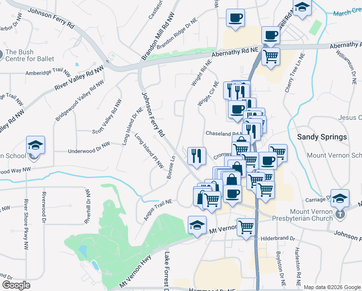 map of restaurants, bars, coffee shops, grocery stores, and more near 6411 Wright Road Northeast in Atlanta