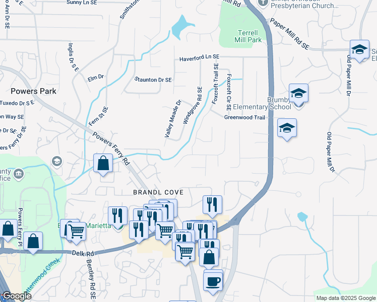 map of restaurants, bars, coffee shops, grocery stores, and more near 2935 Leafwood Drive Southeast in Marietta