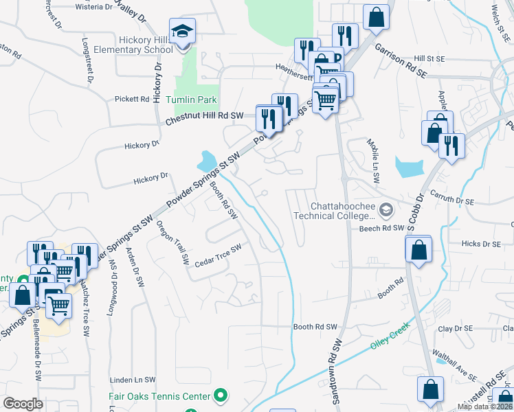 map of restaurants, bars, coffee shops, grocery stores, and more near 1052 Brownstone Drive Southwest in Marietta