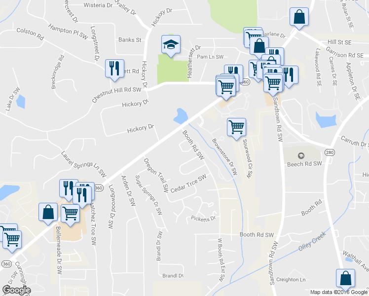 map of restaurants, bars, coffee shops, grocery stores, and more near 175 Booth Road Southwest in Marietta