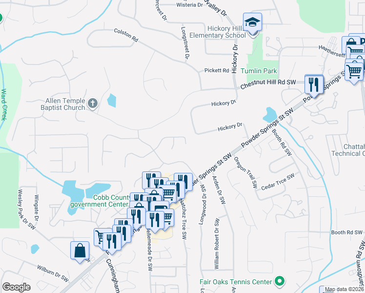 map of restaurants, bars, coffee shops, grocery stores, and more near 652 Laurel Wood Drive Southwest in Marietta