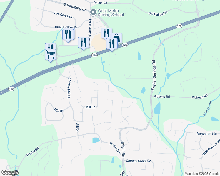 map of restaurants, bars, coffee shops, grocery stores, and more near 34 Powder Brook Court in Dallas