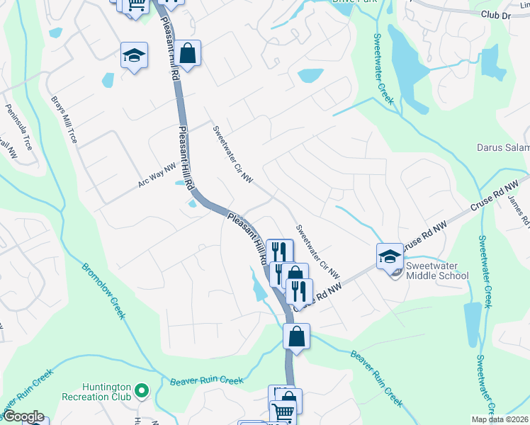 map of restaurants, bars, coffee shops, grocery stores, and more near 3645 McClaren Way in Lawrenceville